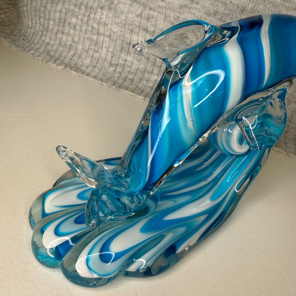 VTG Beachcombers Blue White Swirl Art Glass Dolphin on Wave Figurine Sculpture - Picture 4 of 7